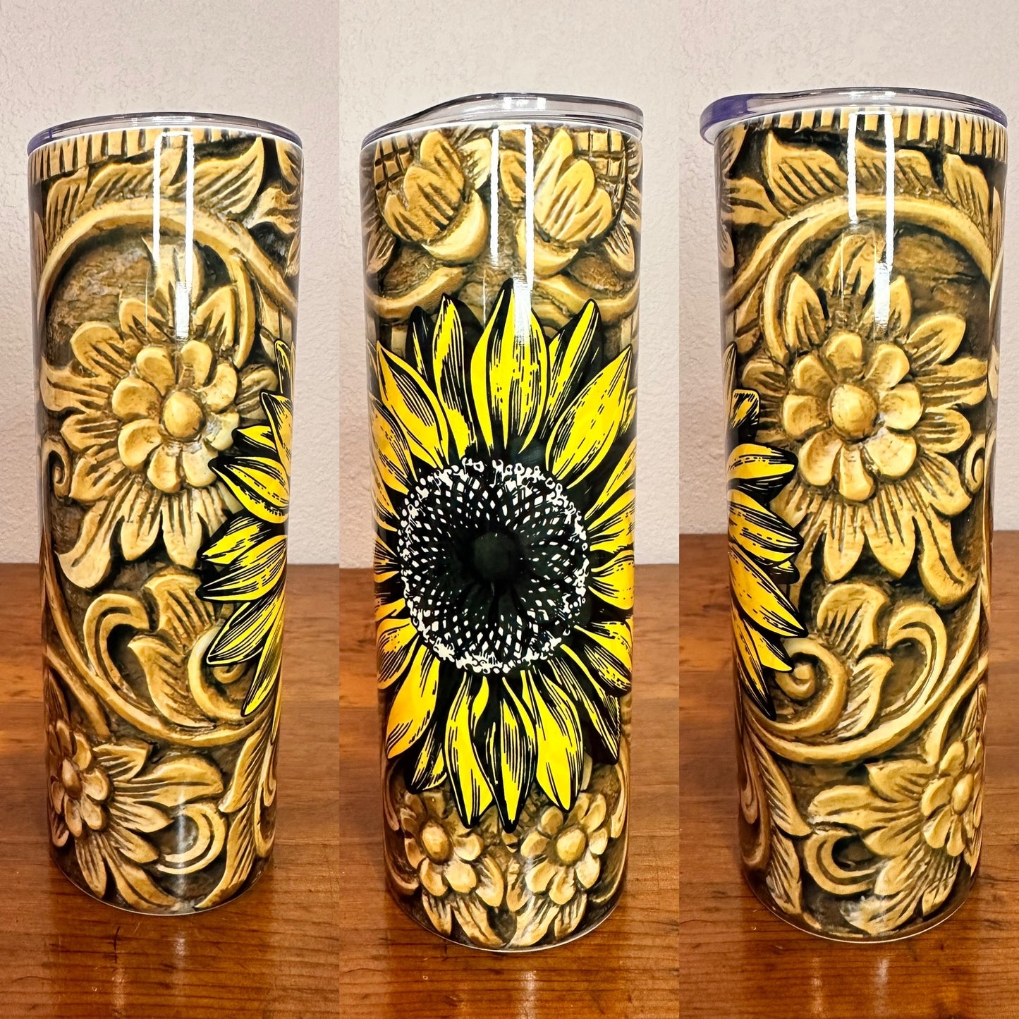 Wood Carved Sunflower Tumbler
