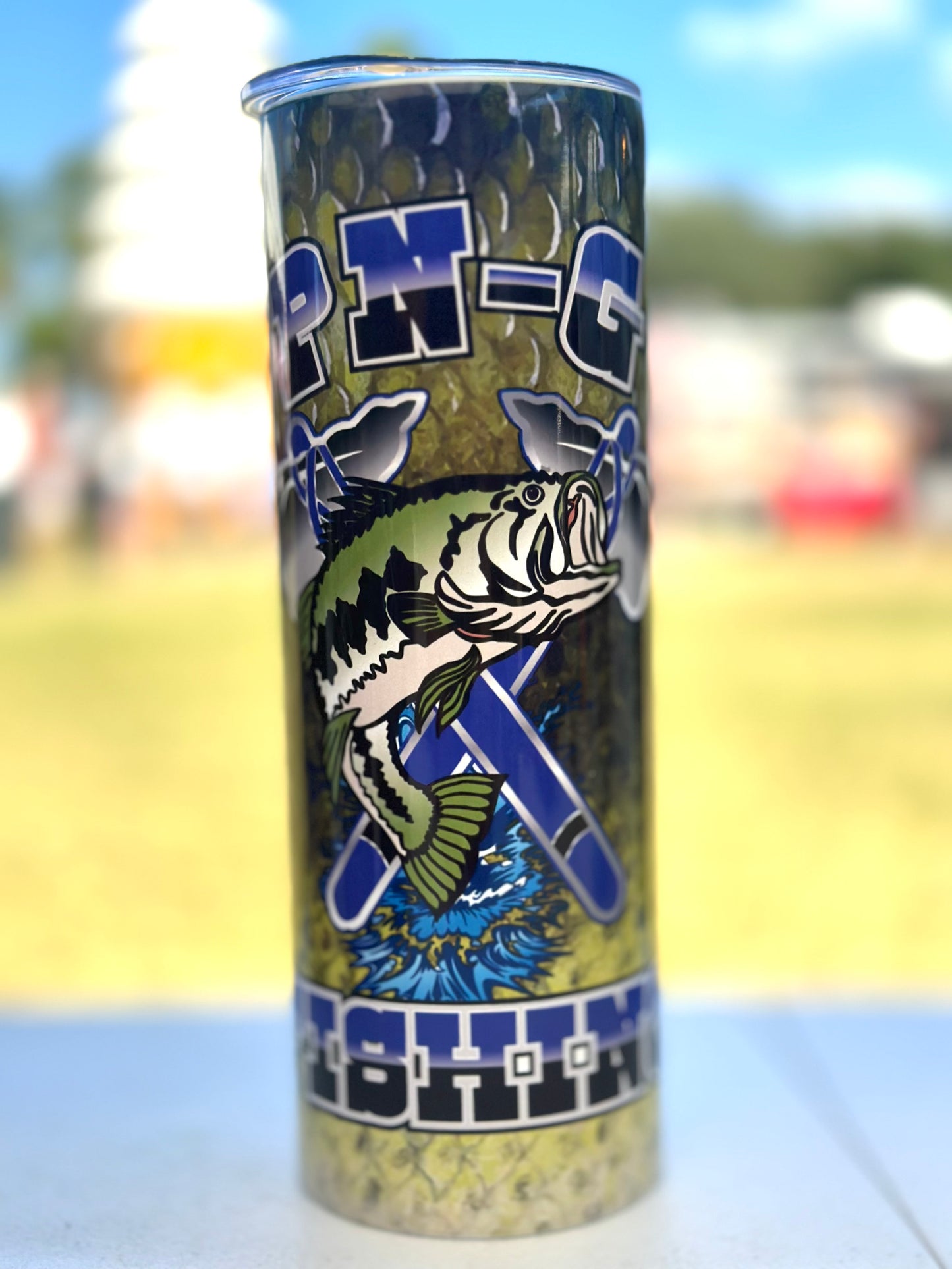 PNG Fishing Logo with Bass Scales Tumbler