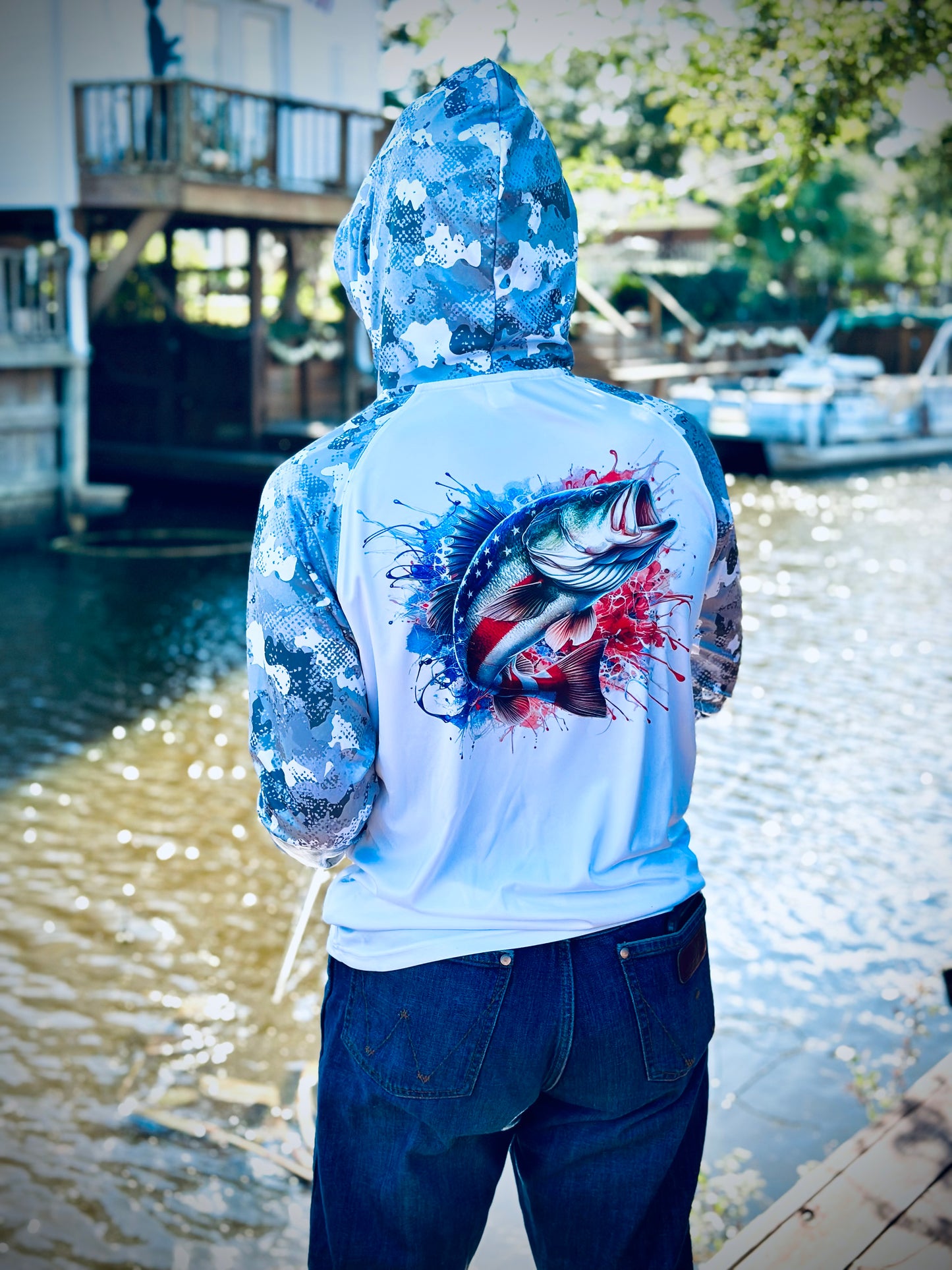 PNG Long Sleeve Fishing Shirt With Hood Red White and Bass