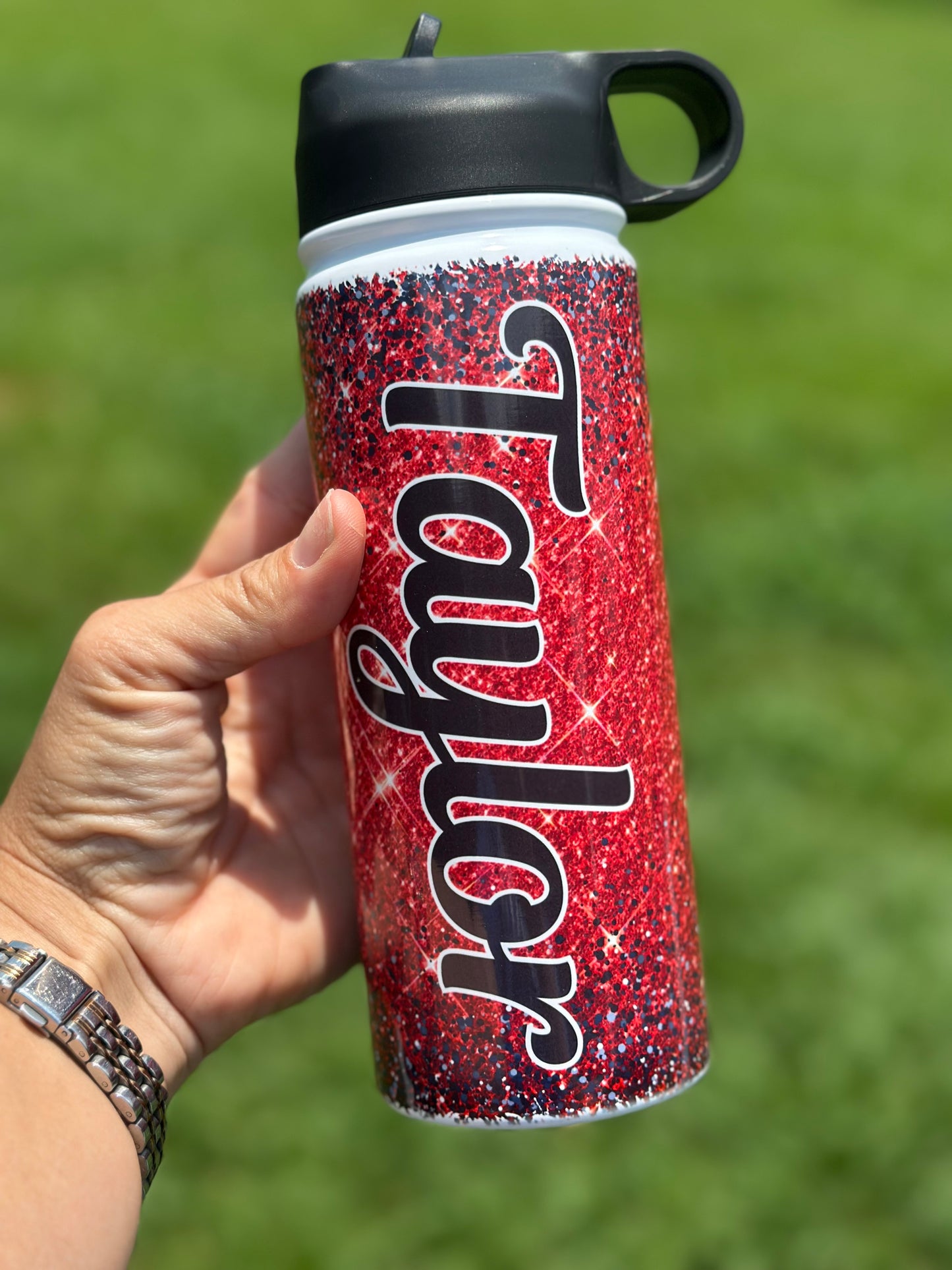 Red and black Glitter Water Bottle