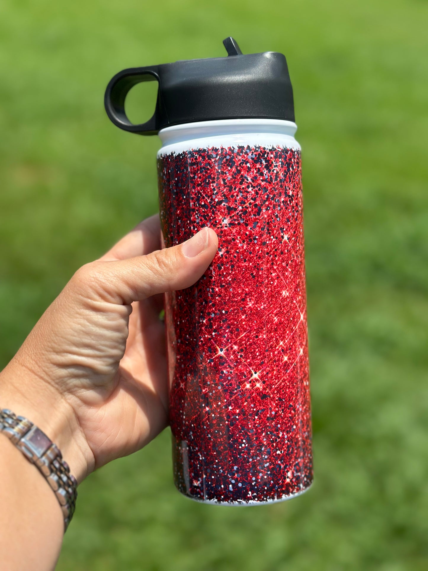 Red and black Glitter Water Bottle
